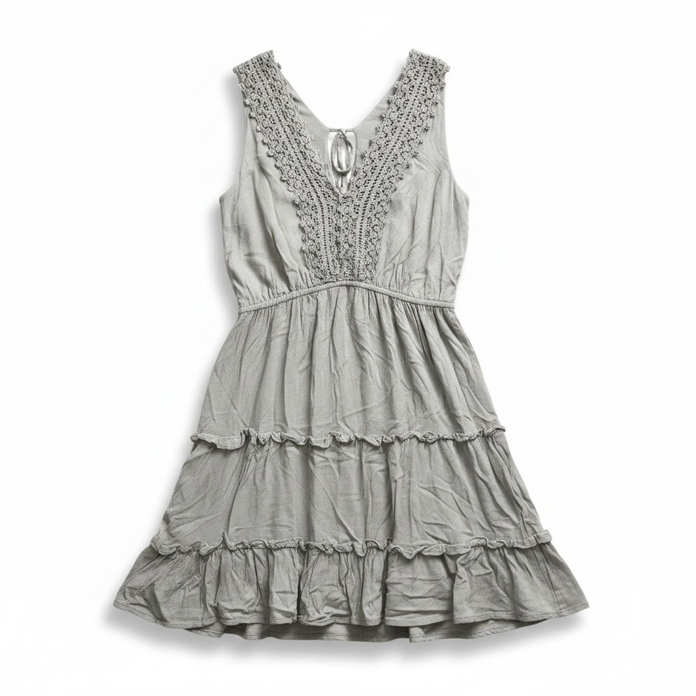Boho Crochet Tiered Mini Dress Taupe Tassel Tie Fairy Cottagecore S